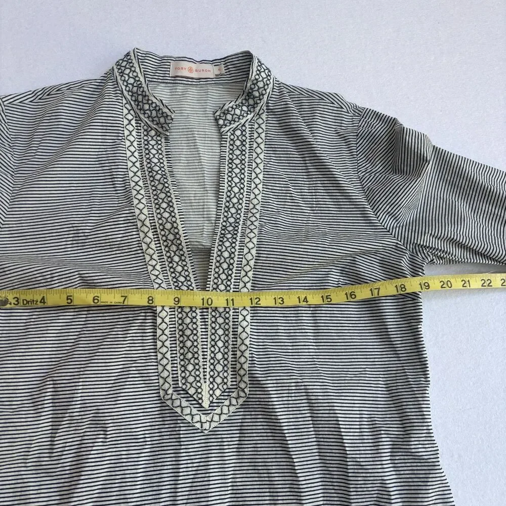 Tory Burch Striped Tunic Top Women's 10 Black White Embroidered V Neck Resort